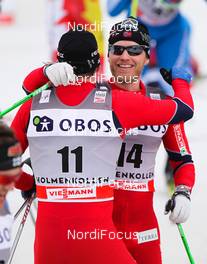 10.03.2012, Oslo, Norway (NOR): (l-r) Eldar Roenning (NOR), Rorrignol, Swix, Rottefella and Martin Johnsrud Sundby (NOR), Fischer, KV+, Rottefella, Swix  - FIS world cup cross-country, mass men, Oslo (NOR). www.nordicfocus.com. Â© Laiho/NordicFocus. Every downloaded picture is fee-liable.