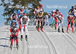10.03.2012, Oslo, Norway (NOR): in front Sjur Roethe (NOR), Fischer, Salomon, Swix, behind Alexander Legkov (RUS), Rossignol, Rottefella, Swix, adidas and Daniel Rickardsson (SWE), Fischer, Rottefella, One Way, Craft  - FIS world cup cross-country, mass men, Oslo (NOR). www.nordicfocus.com. © Hemmersbach/NordicFocus. Every downloaded picture is fee-liable.