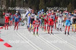 10.03.2012, Oslo, Norway (NOR): group, in front l-r: Martin Johnsrud Sundby (NOR), Fischer, Rottefella, Swix, KV+, Kristian Tettli Rennemo (NOR), Fischer, Rottefella, Alpina, One Way, Swix, Alexander Legkov (RUS), Rossignol, Rottefella, Swix, adidas  - FIS world cup cross-country, mass men, Oslo (NOR). www.nordicfocus.com. © Hemmersbach/NordicFocus. Every downloaded picture is fee-liable.