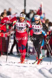 11.03.2012, Oslo, Norway (NOR): Ingvild Flugstad Oestberg (NOR), Madshus, Swix, Alpina, Rottefella followed by Tuva Toftdahl Staver (NOR), Fischer, Swix, Alpina, Rottefella  - FIS world cup cross-country, 30km mass women, Oslo (NOR). www.nordicfocus.com.Â© Laiho/NordicFocus. Every downloaded picture is fee-liable.