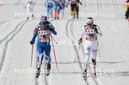 11.03.2012, Oslo, Norway (NOR): l-r: Riitta Liisa Roponen (FIN), Atomic, Salomon, Leki  and Anna Haag (SWE), Atomic, Salomon, One Way, Craft  - FIS world cup cross-country, mass women, Oslo (NOR). www.nordicfocus.com. © Hemmersbach/NordicFocus. Every downloaded picture is fee-liable.
