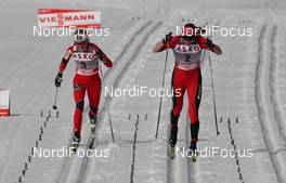 11.03.2012, Oslo, Norway (NOR): final sprint, l-r: Therese Johaug (NOR), Fischer, Salomon, Swix and Justyna Kowalczyk (POL), Fischer, Rottefella, Swix  - FIS world cup cross-country, mass women, Oslo (NOR). www.nordicfocus.com. © Hemmersbach/NordicFocus. Every downloaded picture is fee-liable.