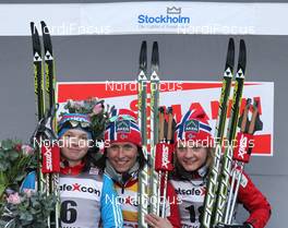 14.03.2012, Stockholm, Sweden (SWE): podium, l-r: Julia Ivanova (RUS), Fischer, Salomon, adidas, Marit Bjoergen (NOR), Fischer, Rottefella, Swix, Maiken Caspersen Falla (NOR), Fischer, Rottefella, Alpina, Swix  - FIS world cup cross-country, individual sprint, Stockholm (SWE). www.nordicfocus.com. © Hemmersbach/NordicFocus. Every downloaded picture is fee-liable.