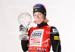 18.03.2012, Falun, Sweden (SWE): Sprint World Cup Winner 2011/2012 Kikkan Randall (USA), Fischer, Salomon, Swix  - FIS world cup cross-country, cups, Falun (SWE). www.nordicfocus.com. © Hemmersbach/NordicFocus. Every downloaded picture is fee-liable.