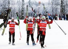 25.11.2012, Gaellivare, Sweden (SWE): Team Norway celebrates, l-r: Sjur Roethe (NOR), Martin Johnsrud Sundby (NOR), Petter Northug (NOR), Eldar Roenning (NOR) - FIS world cup cross-country, 4x7,5km men, Gaellivare (SWE). www.nordicfocus.com. © Felgenhauer/NordicFocus. Every downloaded picture is fee-liable.