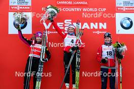 15.12.2012, Canmore, Canada (CAN): (l-r) Kikkan Randall (USA), Fischer, Swix, Salomon, Maiken Caspersen Falla (NOR), Fischer, Swix, Alpina, Rottefella and Celine Brun-Lie (NOR), Fischer, Swix, Alpina, Rottefella  - FIS world cup cross-country, individual sprint, Canmore (CAN). www.nordicfocus.com. © Roycroft/NordicFocus. Every downloaded picture is fee-liable.