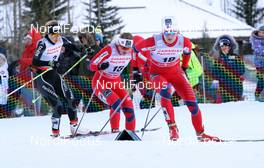 15.12.2012, Canmore, Canada (CAN):  Celine Brun-Lie (NOR), Fischer, Swix, Alpina, Rottefella followed by Ingvild Flugstad Oestberg (NOR), Madshus, Swix, Alpina, Rottefella and Laurien van der Graaff (SUI), Rossignol, One Way, Rottefella, Odlo- FIS world cup cross-country, individual sprint, Canmore (CAN). www.nordicfocus.com. © Roycroft/NordicFocus. Every downloaded picture is fee-liable.