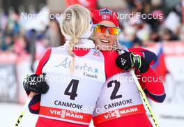 16.12.2012, Canmore, Canada (CAN):  (l-r) Kristin Steira (NOR), Madshus, One Way, Salomon, Swix and Vibeke Skofterud (NOR), Fischer, One Way, Alpina, Rottefella, Yoko - FIS world cup cross-country, skiathlon women, Canmore (CAN). www.nordicfocus.com. © Roycroft/NordicFocus. Every downloaded picture is fee-liable.