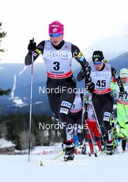 16.12.2012, Canmore, Canada (CAN): Kikkan Randall (USA), Fischer, Swix, Salomon followed by Ida Sargent (USA), Fischer, Swix, Salomon  - FIS world cup cross-country, skiathlon women, Canmore (CAN). www.nordicfocus.com. © Roycroft/NordicFocus. Every downloaded picture is fee-liable.