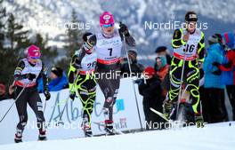16.12.2012, Canmore, Canada (CAN): (l-r) Holly Brooks (USA), Salomon, Swix and Celia Aymonier (FRA), Fischer, Swix, Rottefella, One Way  - FIS world cup cross-country, skiathlon women, Canmore (CAN). www.nordicfocus.com. © Roycroft/NordicFocus. Every downloaded picture is fee-liable.