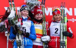 16.12.2012, Canmore, Canada (CAN): (l-r) Anne Kylloenen (FIN), Fischer, Swix, Rottefella, Craft, Justyna Kowalczyk (POL), Fischer, Swix, Rottefella and Vibeke Skofterud (NOR), Fischer, One Way, Alpina, Rottefella, Yoko  - FIS world cup cross-country, skiathlon women, Canmore (CAN). www.nordicfocus.com. © Roycroft/NordicFocus. Every downloaded picture is fee-liable.