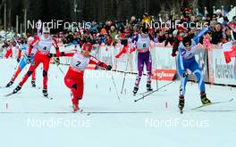 16.12.2012, Canmore, Canada (CAN): (l-r) Kristin Steira (NOR), Madshus, One Way, Salomon, Swix, Vibeke Skofterud (NOR), Fischer, One Way, Alpina, Rottefella, Yoko, Masako Ishida (JPN), Salomon, Swix and Anne Kylloenen (FIN), Fischer, Swix, Rottefella, Craft  - FIS world cup cross-country, skiathlon women, Canmore (CAN). www.nordicfocus.com. © Roycroft/NordicFocus. Every downloaded picture is fee-liable.