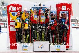07.01.2012, Oberstdorf, Germany (GER): the best teams on the podium (l-r) Germany, Norway and Austria  - FIS world cup nordic combined, team HS106/4x5km, Oberstdorf (GER). www.nordicfocus.com. Â© Laiho/NordicFocus. Every downloaded picture is fee-liable.