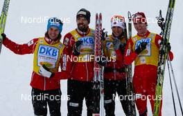 07.01.2012, Oberstdorf, Germany (GER):  The winner team (l-r) Mikko Kokslien (NOR), Fischer, Swix, Rottefella, Magnus Moan (NOR), Madhus, Swix, Rottefella, Jan Schmid (NOR), Fischer, Rottefella and Joergen Graabak (NOR), Fischer - FIS world cup nordic combined, team HS106/4x5km, Oberstdorf (GER). www.nordicfocus.com. Â© Laiho/NordicFocus. Every downloaded picture is fee-liable.