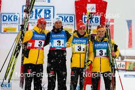 07.01.2012, Oberstdorf, Germany (GER):  2nd of the day, team Germany (l-r) Johannes Rydzek (GER), Fischer, Swix, Rottefella, Adidas, Tino Edelmann (GER), Madshus, Leki, Rottefella, Adidas, Eric Frenzel (GER), Fischer, Leki, Salomon, Adidas and Fabian Riessle (GER), Fischer, Leki, Rottefella, Adidas - FIS world cup nordic combined, team HS106/4x5km, Oberstdorf (GER). www.nordicfocus.com. Â© Laiho/NordicFocus. Every downloaded picture is fee-liable.