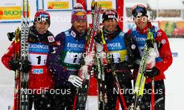 07.01.2012, Oberstdorf, Germany (GER): 3rd of the day, team Austria (l-r) Wilhelm Denifl (AUT), Atomic, Salomon, Christoph Bieler (AUT), Mario Stecher (AUT), Fischer, Leki, Rottefella, Loeffler and Bernhard Gruber (AUT), Fischer, Rottefella, Loeffler  - FIS world cup nordic combined, team HS106/4x5km, Oberstdorf (GER). www.nordicfocus.com. Â© Laiho/NordicFocus. Every downloaded picture is fee-liable.