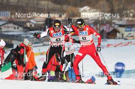 05.02.2012, Val di Fiemme, Italy (ITA): Tomaz Druml (AUT), Madshus, Rottefella, Swix and Magnus Moan (NOR), Madshus, Rottefella - FIS world cup nordic combined, individual gundersen HS134/10km, Val di Fiemme (ITA). www.nordicfocus.com. © Manzoni/NordicFocus. Every downloaded picture is fee-liable.