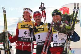 10.03.2012, Oslo, Norway (NOR): podium, l-r: Mikko Kokslien (NOR), Fischer, Swix, Rottefella, Bryan Fletcher (USA), Madshus, Rottefella, Taihei Kato (JPN), Fischer - FIS world cup nordic combined, individual gundersen HS134/10km, Oslo (NOR). www.nordicfocus.com. © Hemmersbach/NordicFocus. Every downloaded picture is fee-liable.