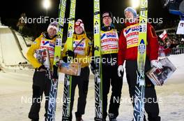03.03.2012, Lahti, Finland (FIN):  the winner team (l-r) Andreas Kofler (AUT), Fischer, Thomas Morgenstern (AUT), Fischer, Martin Koch (AUT), Fischer and Gregor Schlierenzauer (AUT), Fischer - FIS world cup ski jumping, team HS130, Lahti (FIN). www.nordicfocus.com. Â© Laiho/NordicFocus. Every downloaded picture is fee-liable.