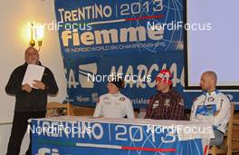 28.01.2012, Molina di Fiemme, Italy (ITA): opening press conference: l-r: Mario Facchini (ITA), Chief of press Marcialonga, Stefanie Santer (ITA), Fischer, Florian Kostner (ITA), Fischer, Fabio Santus, (ITA), Fischer, Alpina, Swix  - FIS Marathon Cup Marcialonga, Molina di Fiemme (ITA). www.nordicfocus.com. © Hemmersbach/NordicFocus. Every downloaded picture is fee-liable.
