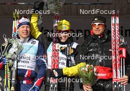 04.03.2012, Mora, Sweden (SWE): podium, l-r: 2nd Daniel Tynell (SWE), Salomon, One Way, 1st Joergen Brink (SWE), Madshus, Rottefella, Team United Bakeries, Ski Go, 3rd Stanislav Rezac (CZE), Madshus, Swix, Rottefella - FIS Marathon Cup Vasaloppet, Mora (SWE). www.nordicfocus.com. © Hemmersbach/NordicFocus. Every downloaded picture is fee-liable.
