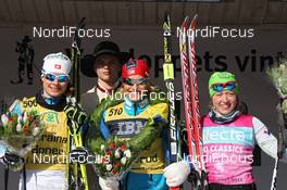 04.03.2012, Mora, Sweden (SWE): podium, l-r: 3rd Seraina Boner (SUI), Fischer, Rottefella, One Way, Craft, Toko, 1st Vibeke Skofterud (NOR), Fischer, Rottefella, Alpina, One Way, 2nd Laila Kveli (NOR), Team Xtra, Madshus, Rottefella  - FIS Marathon Cup Vasaloppet, Mora (SWE). www.nordicfocus.com. © Hemmersbach/NordicFocus. Every downloaded picture is fee-liable.
