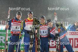 10.01.2013, Ruhpolding, Germany (GER): L-R: Christoffer Eriksson (SWE), Rossignol, Rottefella, OneWay, adidas , Bjoern Ferry (SWE), Fischer, Rottefella, Leki, adidas, Fredrik Lindstroem (SWE), Fischer, Rottefella, Swix, adidas, Carl-Johan Bergman (SWE), Rossignol, Rottefella, Leki, adidas - IBU world cup biathlon, relay men, Ruhpolding (GER). www.nordicfocus.com. © Manzoni/NordicFocus. Every downloaded picture is fee-liable.