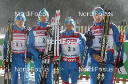 10.01.2013, Ruhpolding, Germany (GER): L-R: Alexey Volkov (RUS), Fischer, Rottefella, Swix, adidas, Andrei Makoveev (RUS), Madshus, Rottefella, Swix, adidas, Evgeniy Garanichev (RUS), Madshus, Rottefella, Swix, adidas, Anton Shipulin (RUS), Fischer, Rottefella, adidas - IBU world cup biathlon, relay men, Ruhpolding (GER). www.nordicfocus.com. © Manzoni/NordicFocus. Every downloaded picture is fee-liable.