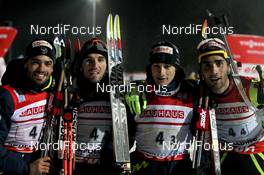 10.01.2013, Ruhpolding, Germany (GER): L-R: Simon Fourcade (FRA), Fischer, Rottefella, Rossignol, Swix, Jean Guillaume Beatrix (FRA), Rossignol, Rottefella, One Way, Alexis Boeuf (FRA), Salomon, Swix, OneWay, Martin Fourcade (FRA), Rossignol, Rottefella, OneWay - IBU world cup biathlon, relay men, Ruhpolding (GER). www.nordicfocus.com. © Manzoni/NordicFocus. Every downloaded picture is fee-liable.