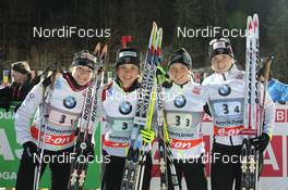 09.01.2013, Ruhpolding, Germany (GER): L-R: Marie Laure Brunet (FRA), Rossignol, Rottefella, Swix, Sofie Boilley (FRA), Salomon, OneWay, Marine Bolliet (FRA), Rossignol, Rottefella, OneWay, Anais Bescond (FRA), Madshus, Rottefella, Swix, OneWay - IBU world cup biathlon, relay women, Ruhpolding (GER). www.nordicfocus.com. © Manzoni/NordicFocus. Every downloaded picture is fee-liable.