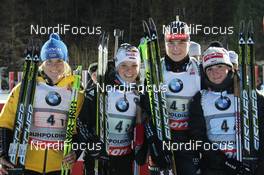 09.01.2013, Ruhpolding, Germany (GER): L-R: Nadine Horchler (GER), Fischer, Rottefella, Alpina, Exel, OneWay, Miriam Goessner (GER), Fischer, Salomon, Swix, adidas, Tina Bachmann (GER), Fischer, Rottefella, OneWay, adidas , Andrea Henkel (GER), Fischer, Rottefella, Swix, adidas, Toko - IBU world cup biathlon, relay women, Ruhpolding (GER). www.nordicfocus.com. © Manzoni/NordicFocus. Every downloaded picture is fee-liable.