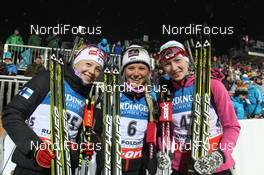 11.01.2013, Ruhpolding, Germany (GER): L-R: Kaisa Maekaeraeinen (FIN), Fischer, Rottefella, Leki, Odlo, Miriam Goessner (GER), Fischer, Salomon, Swix, adidas, Darya Domracheva (BLR), Fischer, Rottefella, Leki - IBU world cup biathlon, sprint women, Ruhpolding (GER). www.nordicfocus.com. © Manzoni/NordicFocus. Every downloaded picture is fee-liable.