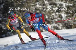 18.01.2013, Antholz, Italy (ITA): Dmitry Malyshko (RUS), Fischer, Rottefella, Alpina, Leki, adidas, Krasimir Anev (BUL), Fischer, Rottefella, Alpina, OneWay - IBU world cup biathlon, sprint men, Antholz (ITA). www.nordicfocus.com. © Manzoni/NordicFocus. Every downloaded picture is fee-liable.