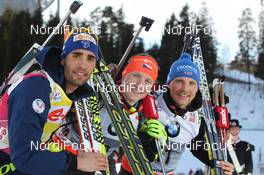 03.03.2013, Oslo, Norway (NOR): L-R: Martin Fourcade (FRA), Rossignol, Rottefella, OneWay, Toko, Ondrej Moravec (CZE), Fischer, Rottefella, Alpina, Swix, Eric Lesser (GER), Salomon, Swix, adidas - IBU world cup biathlon Holmenkollen, mass men, Oslo (NOR). www.nordicfocus.com. © Manzoni/NordicFocus. Every downloaded picture is fee-liable.