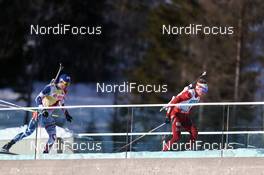 02.03.2013, Oslo, Norway (NOR): Tarjei Boe (NOR), Fischer, Rottefella, Swix, ODLO, Martin Fourcade (FRA), Rossignol, Rottefella, OneWay, Toko - IBU world cup biathlon Holmenkollen, pursuit men, Oslo (NOR). www.nordicfocus.com. © Manzoni/NordicFocus. Every downloaded picture is fee-liable.