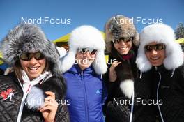 06.03.2013, Sochi, Russia (RUS): L-R: Megan Imrie (CAN), Salomon, Leki, Susan Dunklee (USA), Fischer, Roteffella, OneWay, adidas, Rosanna Crawford (CAN), Salomon, Leki, Zina Kocher (CAN), Atomic, Leki, Odlo - IBU world cup biathlon, training, Sochi (RUS). www.nordicfocus.com. © Manzoni/NordicFocus. Every downloaded picture is fee-liable.