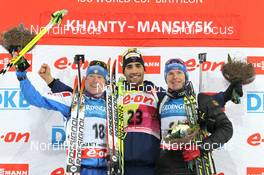 15.03.2013, Khanty-Mansiysk, Russia (RUS): L-R: Lukas Hofer (ITA), Rossignol, Rottefella, OneWay, Martin Fourcade (FRA), Rossignol, Rottefella, OneWay, Toko, Andreas Birnbacher (GER), Fischer, Rottefella, Alpina, Leki, adidas - IBU world cup biathlon, sprint men, Khanty-Mansiysk (RUS). www.nordicfocus.com. © Manzoni/NordicFocus. Every downloaded picture is fee-liable.