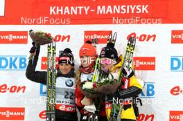 14.03.2013, Khanty-Mansiysk, Russia (RUS): Andrea Henkel (GER), Fischer, Rottefella, Swix, adidas, Toko, Gabriela Soukalova (CZE), Fischer, Rottefella, OneWay, Miriam Goessner (GER), Fischer, Salomon, Swix, adidas - IBU world cup biathlon, sprint women, Khanty-Mansiysk (RUS). www.nordicfocus.com. © Manzoni/NordicFocus. Every downloaded picture is fee-liable.