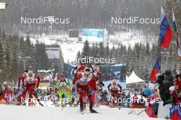 17.02.2013, Nove Mesto, Czech Republic (CZE): Emil Hegle Svendsen (NOR), Madshus, Rottefella, Swix, Odlo, Tarjei Boe (NOR), Fischer, Rottefella, Swix, ODLO, Dominik Landertinger (AUT), Atomic, Alpina, Leki - IBU world championships biathlon, mass men, Nove Mesto (CZE). www.nordicfocus.com. © Manzoni/NordicFocus. Every downloaded picture is fee-liable.