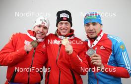 17.02.2013, Nove Mesto, Czech Republic (CZE): Emil Hegle Svendsen (NOR), Madshus, Rottefella, Swix, Odlo, Tarjei Boe (NOR), Fischer, Rottefella, Swix, ODLO, Anton Shipulin (RUS), Fischer, Rottefella, adidas - IBU world championships biathlon, medals, Nove Mesto (CZE). www.nordicfocus.com. © Manzoni/NordicFocus. Every downloaded picture is fee-liable.