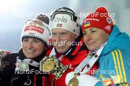 13.02.2013, Nove Mesto, Czech Republic (CZE): L-R: Andrea Henkel (GER), Fischer, Rottefella, Swix, adidas, Toko, Tora Berger (NOR), Fischer, Rottefella, Odlo, Valj Semerenko (UKR), Fischer, Salomon, Swix - IBU world championships biathlon, medals, Nove Mesto (CZE). www.nordicfocus.com. © Manzoni/NordicFocus. Every downloaded picture is fee-liable.