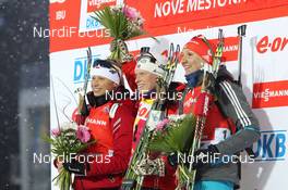 10.02.2013, Nove Mesto, Czech Republic (CZE): L-R: Krystyna Palka (POL), Fischer, Rottefella, Swix, Tora Berger (NOR), Fischer, Rottefella, Odlo, Olena Pidhrushna (UKR), Fischer, Rottefella, Swix - IBU world championships biathlon, pursuit women, Nove Mesto (CZE). www.nordicfocus.com. © Manzoni/NordicFocus. Every downloaded picture is fee-liable.