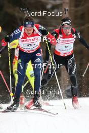 16.02.2013, Nove Mesto, Czech Republic (CZE): Tim Burke (USA), Rossignol, Rottefella, OneWay, adidas, Benjamin Weger (SUI), Atomic, Alpina, Swix, Oakley, Toko, ODLO - IBU world championships biathlon, relay men, Nove Mesto (CZE). www.nordicfocus.com. © Manzoni/NordicFocus. Every downloaded picture is fee-liable.