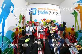 09.02.2013, Nove Mesto, Czech Republic (CZE): L-R: Jakov Fak (SLO), Fischer, Rottefella, Alpina, Swix, Emil Hegle Svendsen (NOR), Madshus, Rottefella, Swix, Odlo, Martin Fourcade (FRA), Rossignol, Rottefella, OneWay, Toko - IBU world championships biathlon, sprint men, Nove Mesto (CZE). www.nordicfocus.com. © Manzoni/NordicFocus. Every downloaded picture is fee-liable.