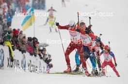 07.12.2013, Hochfilzen, Austria (AUT): Tarjei Boe (NOR), Anton Shipulin (RUS), (l-r) - IBU world cup biathlon, relay men, Hochfilzen (AUT). www.nordicfocus.com. © Wukits/NordicFocus. Every downloaded picture is fee-liable.