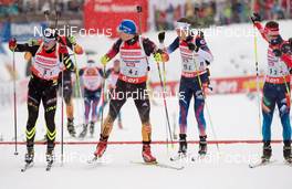 07.12.2013, Hochfilzen, Austria (AUT): Alexis Boeuf (FRA), Andreas Birnbacher (GER), Tim Burke (USA), Evgeny Ustyugov (RUS), (l-r) during handover - IBU world cup biathlon, relay men, Hochfilzen (AUT). www.nordicfocus.com. © Wukits/NordicFocus. Every downloaded picture is fee-liable.