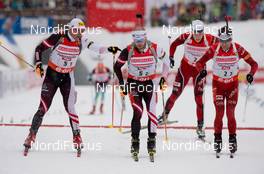 07.12.2013, Hochfilzen, Austria (AUT): Christoph Sumann (AUT), Daniel Mesotitsch (AUT), Vetle Sjastad Christiansen (NOR), Ole Einar Bjoerndalen (NOR), (l-r) - IBU world cup biathlon, relay men, Hochfilzen (AUT). www.nordicfocus.com. © Wukits/NordicFocus. Every downloaded picture is fee-liable.