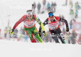 07.12.2013, Hochfilzen, Austria (AUT): Vladimir Chepelin (BLR), Dominik Windisch (ITA), (l-r) - IBU world cup biathlon, relay men, Hochfilzen (AUT). www.nordicfocus.com. © Wukits/NordicFocus. Every downloaded picture is fee-liable.