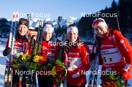 12.12.2013, Annecy-Le Grand Bornand, France (FRA): Fanny Welle-Strand Horn (NOR), Tora Berger (NOR), Tiril Ekhoff (NOR), Synnoeve Solemdal (NOR)- IBU world cup biathlon, relay women, Annecy-Le Grand Bornand (FRA). www.nordicfocus.com. © Manzoni/NordicFocus. Every downloaded picture is fee-liable.