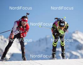14.12.2013, Annecy-Le Grand Bornand, France (FRA): Jean Philippe Leguellec (CAN), Martin Fourcade (FRA) - IBU world cup biathlon, sprint men, Annecy-Le Grand Bornand (FRA). www.nordicfocus.com. © Manzoni/NordicFocus. Every downloaded picture is fee-liable.